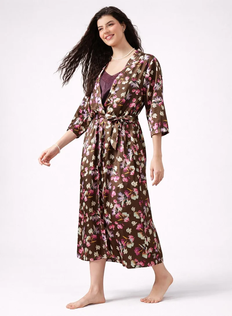 Clovia Purple Long Nighty & Robe Set in Wine Colour - Satin for Women | Best Price UAE